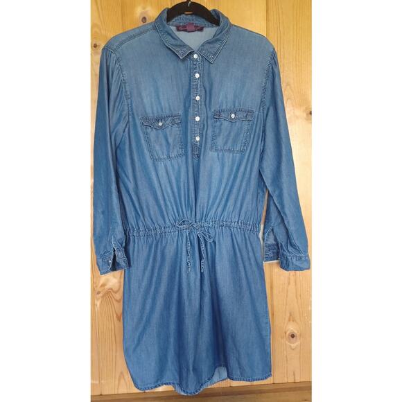 Vintage Chambray Midi Dress Women's Large Roll Tab Sleeves Drawstring Drop Waist - Picture 1 of 8